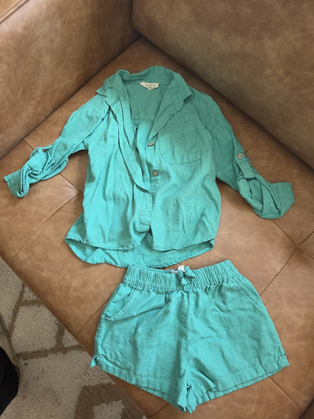 Jessica Simpson Kids Matching Set Teal Green Linen Blend Button-Up & Shorts